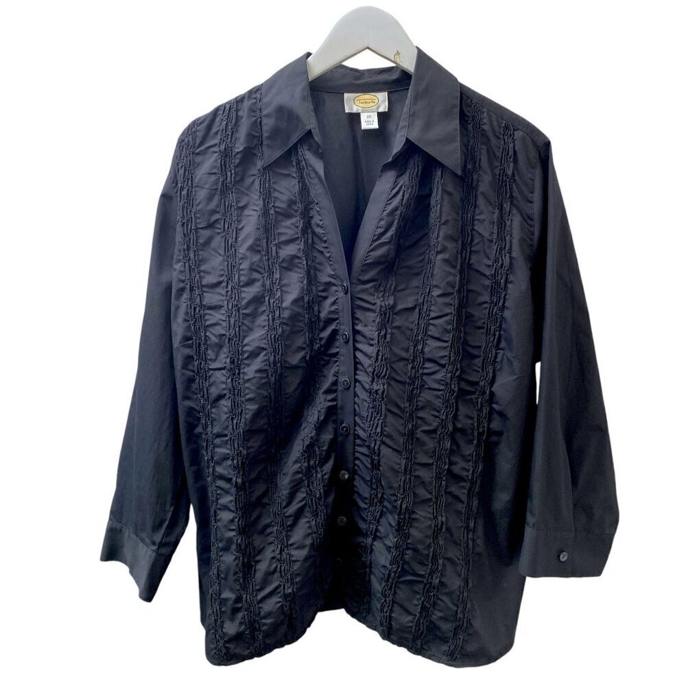 TALBOTS Ruched Shirt Plus Size 20 Womens Black Cotton Top Evening Button Up
